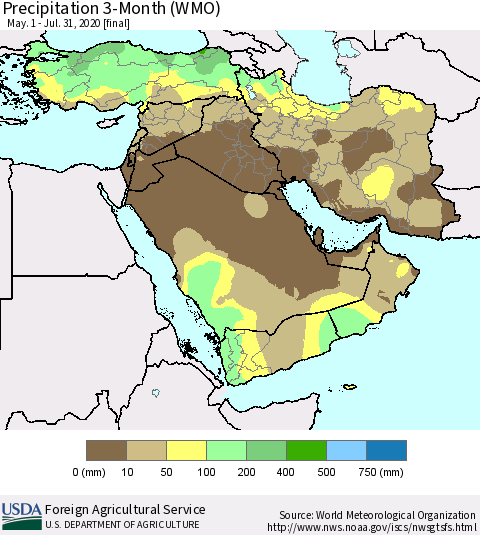 Middle East and Turkey Precipitation 3-Month (WMO) Thematic Map For 5/1/2020 - 7/31/2020