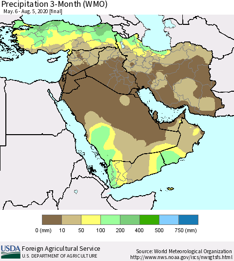 Middle East and Turkey Precipitation 3-Month (WMO) Thematic Map For 5/6/2020 - 8/5/2020