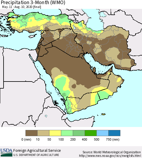 Middle East and Turkey Precipitation 3-Month (WMO) Thematic Map For 5/11/2020 - 8/10/2020