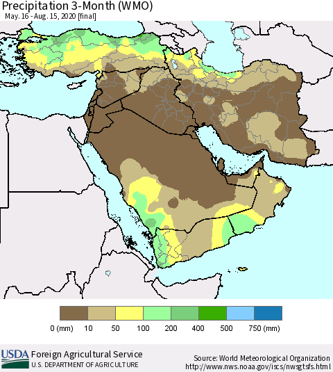 Middle East and Turkey Precipitation 3-Month (WMO) Thematic Map For 5/16/2020 - 8/15/2020