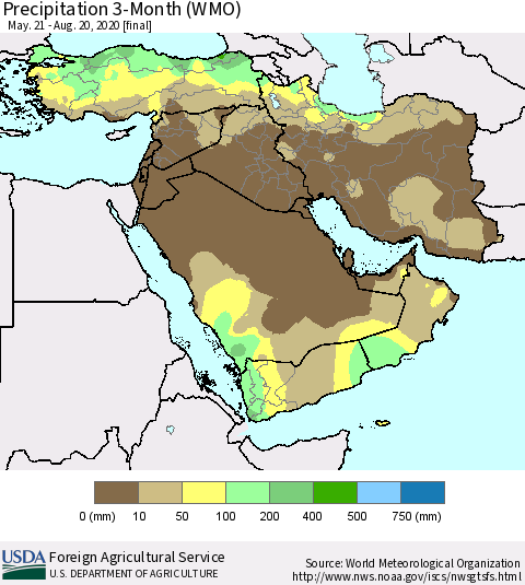Middle East and Turkey Precipitation 3-Month (WMO) Thematic Map For 5/21/2020 - 8/20/2020