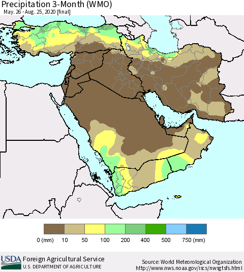 Middle East and Turkey Precipitation 3-Month (WMO) Thematic Map For 5/26/2020 - 8/25/2020