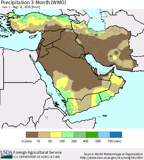 Middle East and Turkey Precipitation 3-Month (WMO) Thematic Map For 6/1/2020 - 8/31/2020