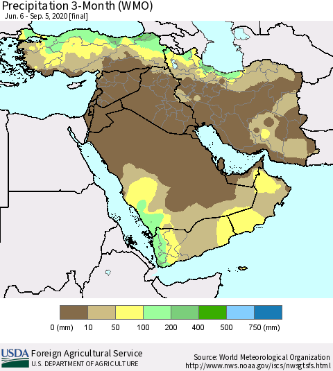 Middle East and Turkey Precipitation 3-Month (WMO) Thematic Map For 6/6/2020 - 9/5/2020