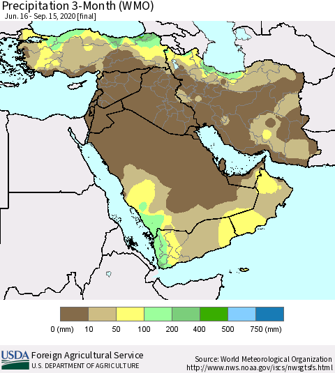 Middle East and Turkey Precipitation 3-Month (WMO) Thematic Map For 6/16/2020 - 9/15/2020