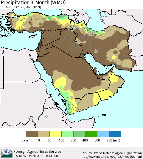 Middle East and Turkey Precipitation 3-Month (WMO) Thematic Map For 6/21/2020 - 9/20/2020
