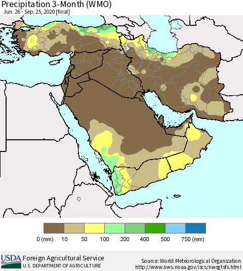 Middle East and Turkey Precipitation 3-Month (WMO) Thematic Map For 6/26/2020 - 9/25/2020
