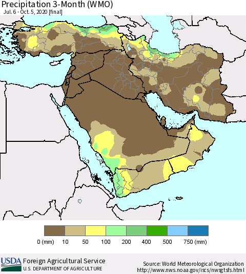 Middle East and Turkey Precipitation 3-Month (WMO) Thematic Map For 7/6/2020 - 10/5/2020