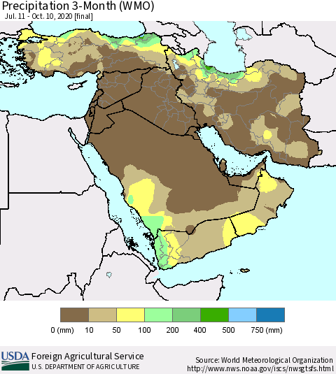 Middle East and Turkey Precipitation 3-Month (WMO) Thematic Map For 7/11/2020 - 10/10/2020