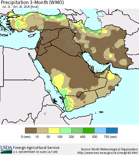 Middle East and Turkey Precipitation 3-Month (WMO) Thematic Map For 7/21/2020 - 10/20/2020