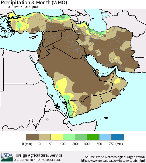 Middle East and Turkey Precipitation 3-Month (WMO) Thematic Map For 7/26/2020 - 10/25/2020