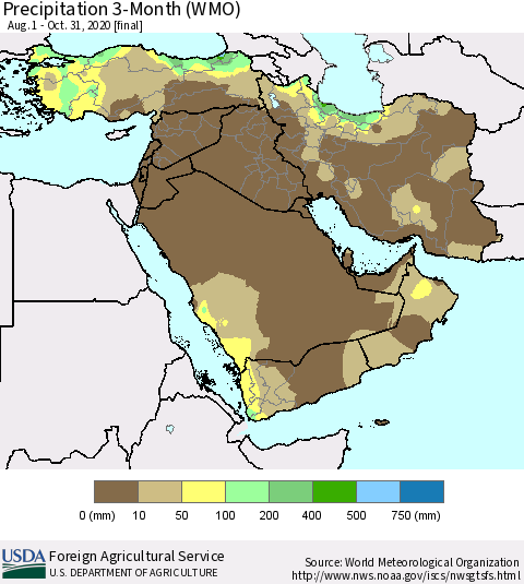 Middle East and Turkey Precipitation 3-Month (WMO) Thematic Map For 8/1/2020 - 10/31/2020