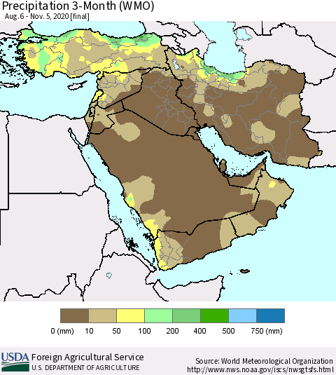 Middle East and Turkey Precipitation 3-Month (WMO) Thematic Map For 8/6/2020 - 11/5/2020