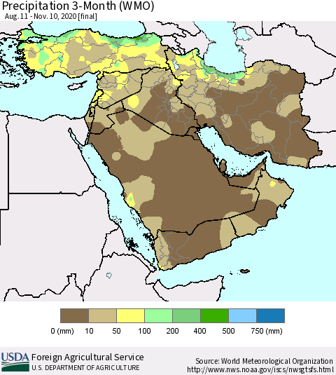 Middle East and Turkey Precipitation 3-Month (WMO) Thematic Map For 8/11/2020 - 11/10/2020