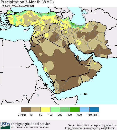 Middle East and Turkey Precipitation 3-Month (WMO) Thematic Map For 8/16/2020 - 11/15/2020
