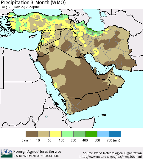 Middle East and Turkey Precipitation 3-Month (WMO) Thematic Map For 8/21/2020 - 11/20/2020