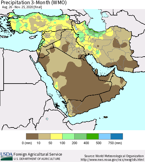 Middle East and Turkey Precipitation 3-Month (WMO) Thematic Map For 8/26/2020 - 11/25/2020