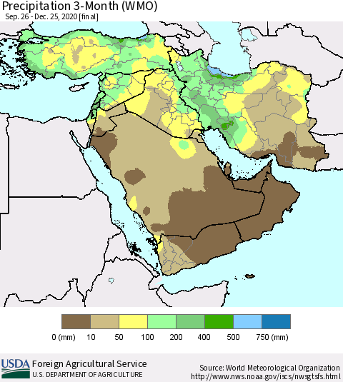 Middle East and Turkey Precipitation 3-Month (WMO) Thematic Map For 9/26/2020 - 12/25/2020