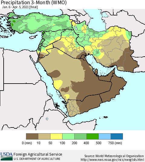 Middle East and Turkey Precipitation 3-Month (WMO) Thematic Map For 1/6/2021 - 4/5/2021