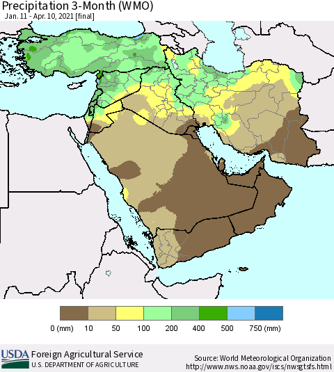 Middle East and Turkey Precipitation 3-Month (WMO) Thematic Map For 1/11/2021 - 4/10/2021