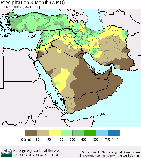 Middle East and Turkey Precipitation 3-Month (WMO) Thematic Map For 1/21/2021 - 4/20/2021
