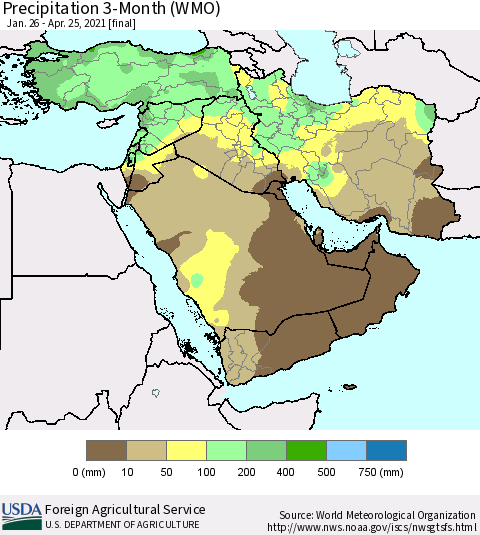 Middle East and Turkey Precipitation 3-Month (WMO) Thematic Map For 1/26/2021 - 4/25/2021