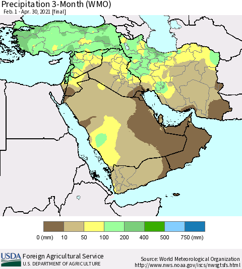 Middle East and Turkey Precipitation 3-Month (WMO) Thematic Map For 2/1/2021 - 4/30/2021