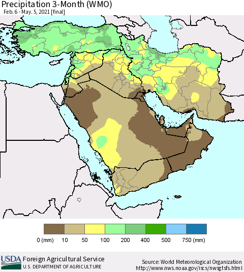 Middle East and Turkey Precipitation 3-Month (WMO) Thematic Map For 2/6/2021 - 5/5/2021