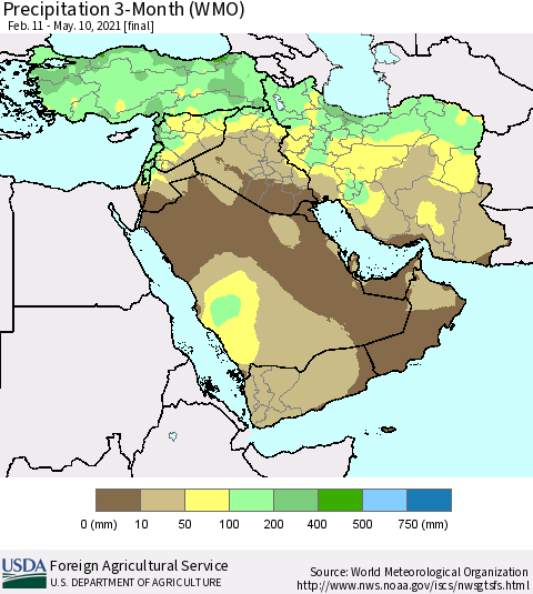 Middle East and Turkey Precipitation 3-Month (WMO) Thematic Map For 2/11/2021 - 5/10/2021