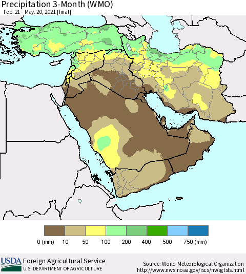 Middle East and Turkey Precipitation 3-Month (WMO) Thematic Map For 2/21/2021 - 5/20/2021