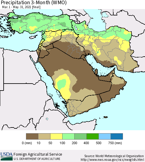 Middle East and Turkey Precipitation 3-Month (WMO) Thematic Map For 3/1/2021 - 5/31/2021
