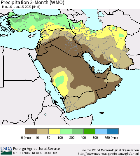 Middle East and Turkey Precipitation 3-Month (WMO) Thematic Map For 3/16/2021 - 6/15/2021