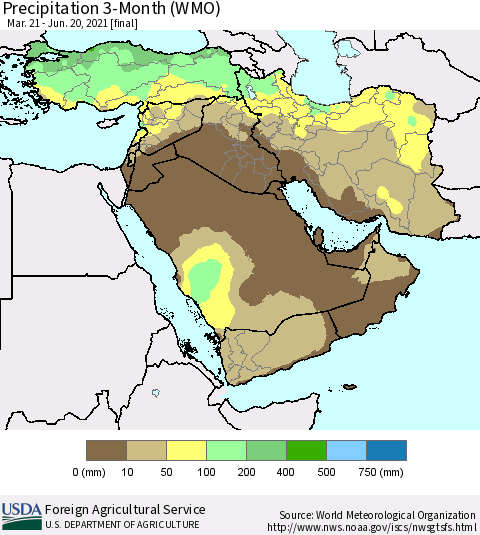Middle East and Turkey Precipitation 3-Month (WMO) Thematic Map For 3/21/2021 - 6/20/2021