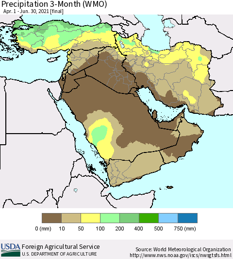 Middle East and Turkey Precipitation 3-Month (WMO) Thematic Map For 4/1/2021 - 6/30/2021
