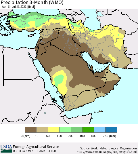 Middle East and Turkey Precipitation 3-Month (WMO) Thematic Map For 4/6/2021 - 7/5/2021