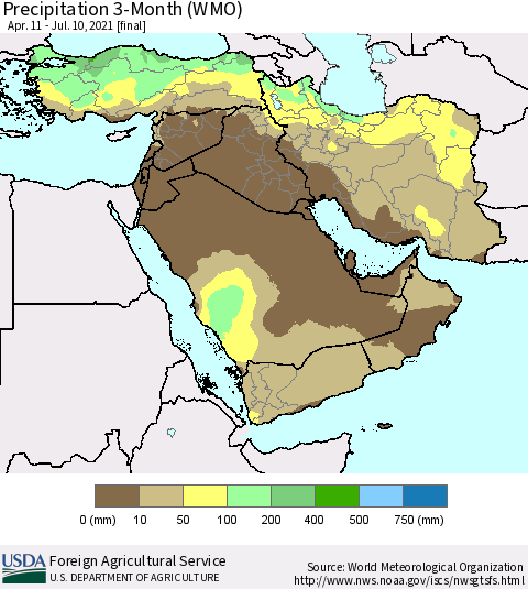 Middle East and Turkey Precipitation 3-Month (WMO) Thematic Map For 4/11/2021 - 7/10/2021