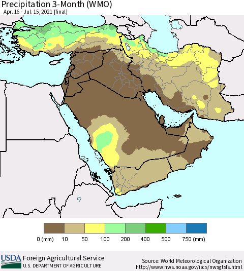 Middle East and Turkey Precipitation 3-Month (WMO) Thematic Map For 4/16/2021 - 7/15/2021