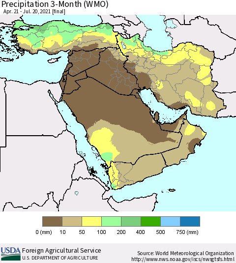 Middle East and Turkey Precipitation 3-Month (WMO) Thematic Map For 4/21/2021 - 7/20/2021