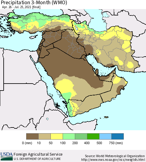 Middle East and Turkey Precipitation 3-Month (WMO) Thematic Map For 4/26/2021 - 7/25/2021