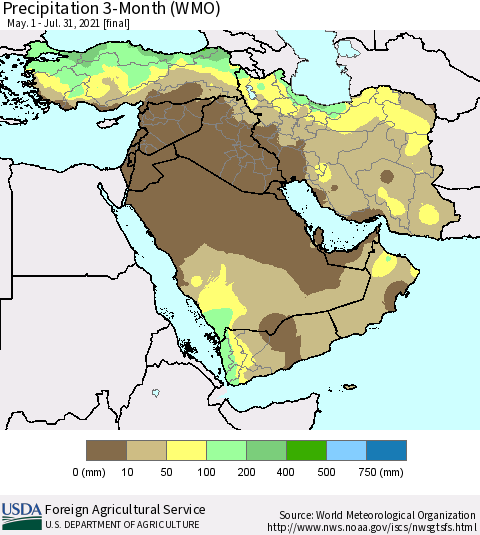 Middle East and Turkey Precipitation 3-Month (WMO) Thematic Map For 5/1/2021 - 7/31/2021