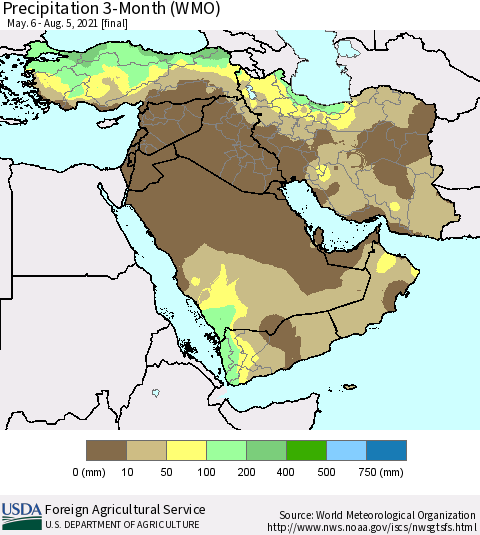 Middle East and Turkey Precipitation 3-Month (WMO) Thematic Map For 5/6/2021 - 8/5/2021