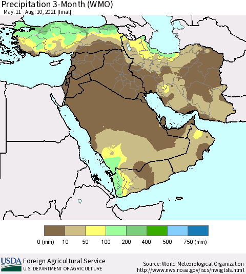 Middle East and Turkey Precipitation 3-Month (WMO) Thematic Map For 5/11/2021 - 8/10/2021