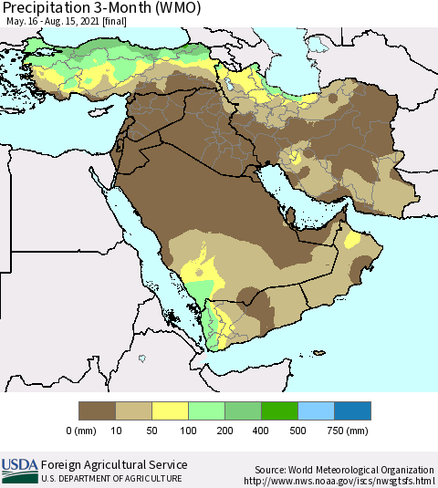 Middle East and Turkey Precipitation 3-Month (WMO) Thematic Map For 5/16/2021 - 8/15/2021