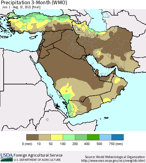 Middle East and Turkey Precipitation 3-Month (WMO) Thematic Map For 6/1/2021 - 8/31/2021
