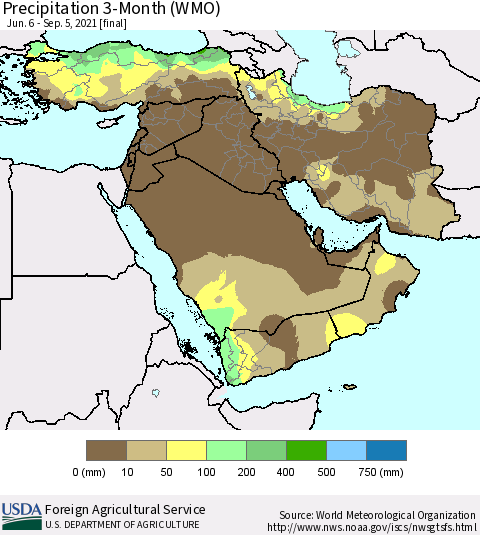Middle East and Turkey Precipitation 3-Month (WMO) Thematic Map For 6/6/2021 - 9/5/2021