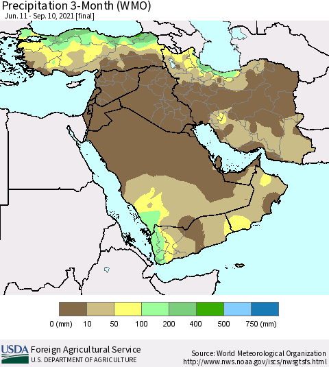 Middle East and Turkey Precipitation 3-Month (WMO) Thematic Map For 6/11/2021 - 9/10/2021