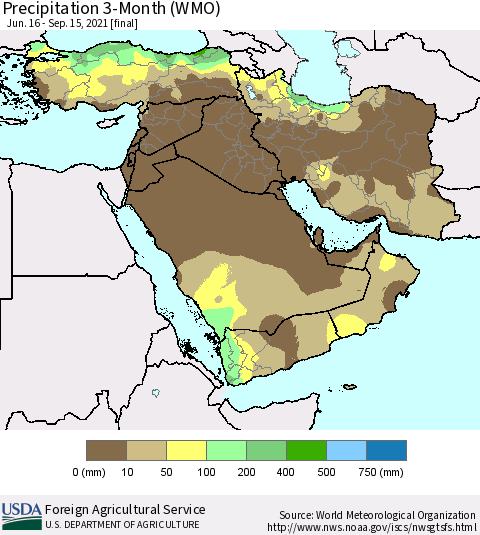 Middle East and Turkey Precipitation 3-Month (WMO) Thematic Map For 6/16/2021 - 9/15/2021