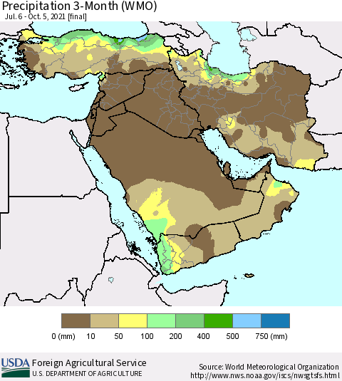 Middle East and Turkey Precipitation 3-Month (WMO) Thematic Map For 7/6/2021 - 10/5/2021