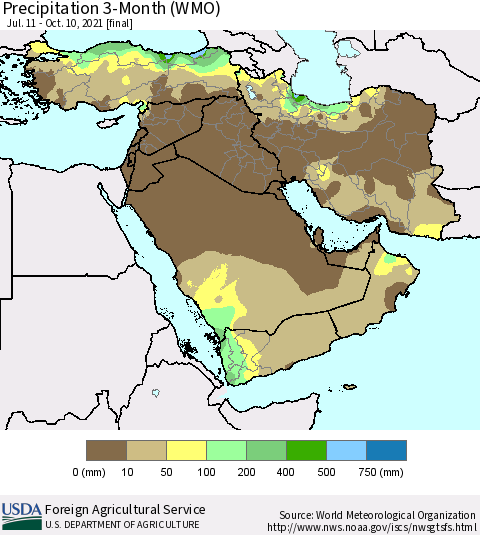 Middle East and Turkey Precipitation 3-Month (WMO) Thematic Map For 7/11/2021 - 10/10/2021