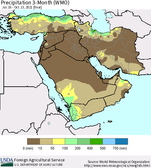 Middle East and Turkey Precipitation 3-Month (WMO) Thematic Map For 7/16/2021 - 10/15/2021
